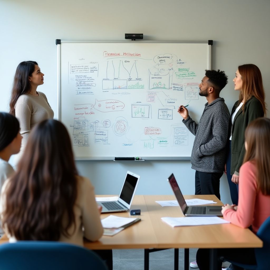 Un grupo de fundadores discutiendo ideas frente a una pizarra.