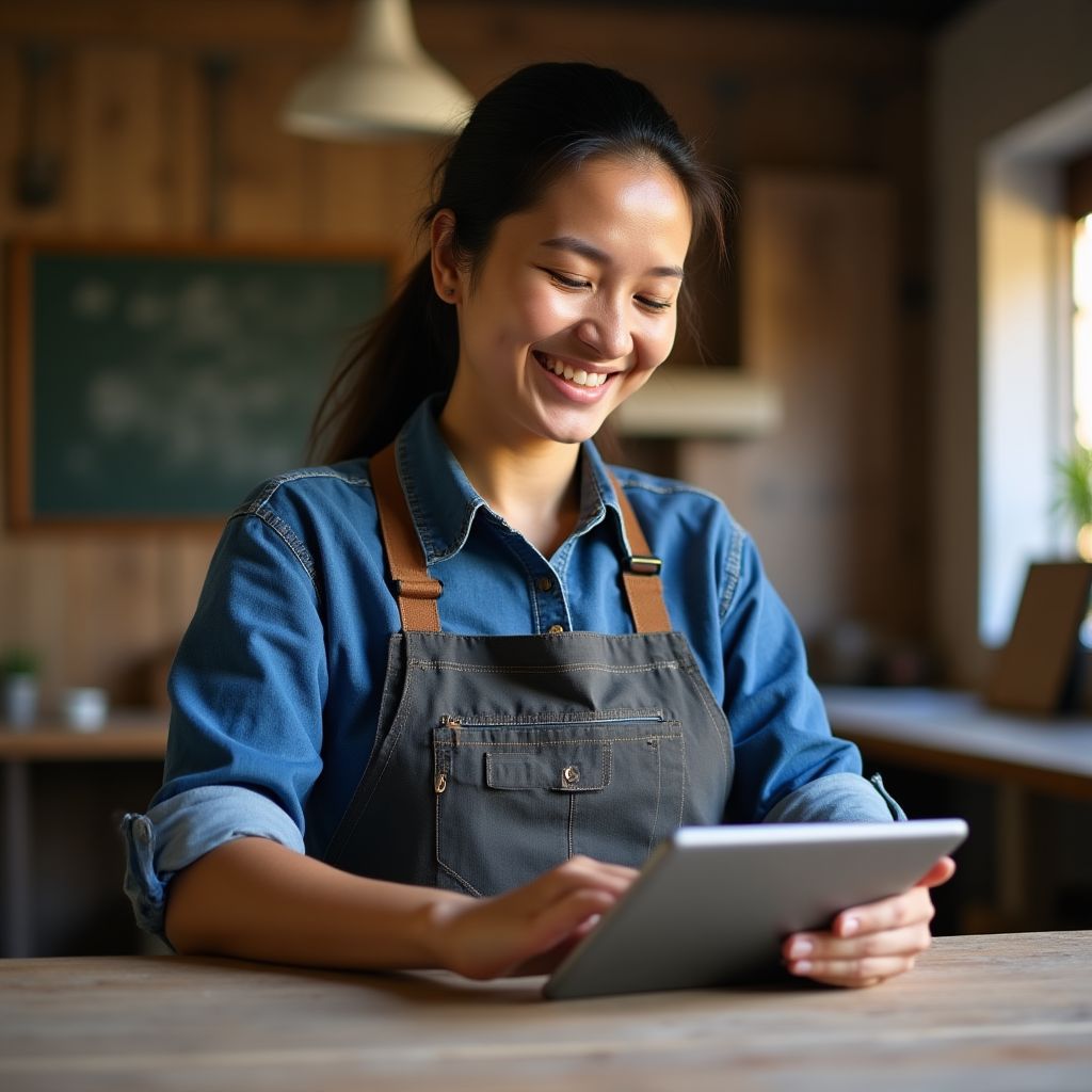 Emprendedor utilizando una tablet para gestionar su crédito.