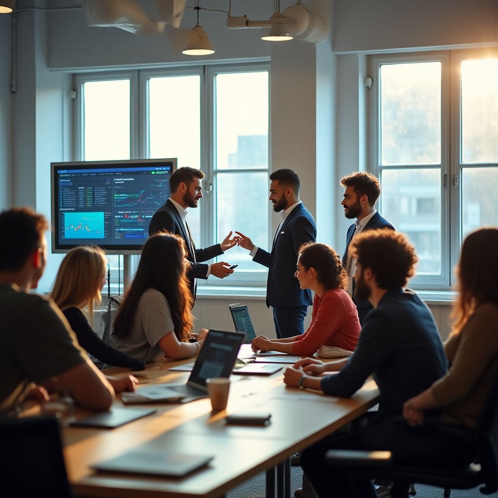 Equipo de FinTechArg colaborando en una oficina moderna.